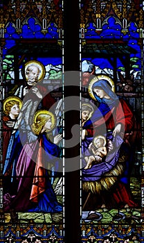 Nativity ( the birth of Jesus) in stained glass