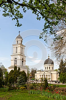 Nativity Cathedral Orthodox church in Chisinau, Moldova. Christian architecture, green trees and grass