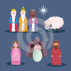 Nativity, characters family and wise kings manger cartoon