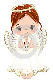Nativity Cute Angel Girl Holding Cross. Vector Angel Little Girl photo