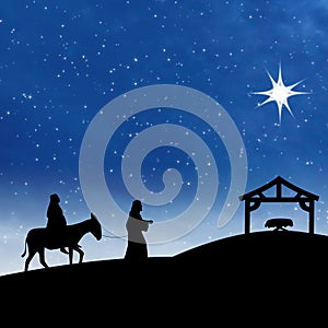 Nativity Jesus birth with star on blue night scene