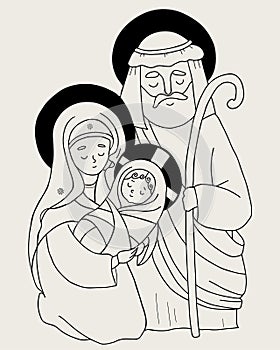 Nativity of Jesus Christ. Vector illustration of Holy Family - Virgin Mary, old man Joseph and baby Jesus. Linear hand