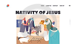 Nativity Of Jesus Landing Page. Three Wise Men Honor Newborn Messiah With Gifts. Balthazar, Caspar And Melchior photo
