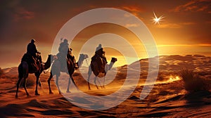 Nativity of Jesus Scene. Shining Bethlehem star and silhouette of three wise men on camels in desert. Bright bethlehem star.