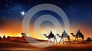Nativity of Jesus Scene. Shining Bethlehem star and silhouette of three wise men on camels in desert. Bright bethlehem star.