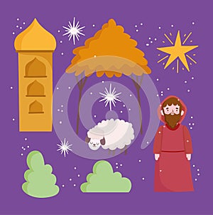 Nativity, manger joseph lamb star icons cartoon