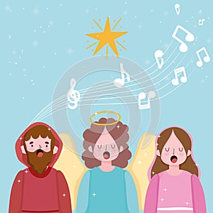 Nativity, manger joseph mary and angel singing carols cartoon