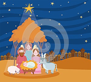 Nativity, manger scene mary joseph baby angel and animals cartoon