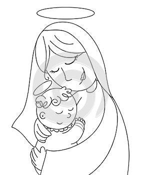 Nativity: Mary and baby Jesus bw