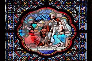 Nativity Scene, Adoration of the Magi, stained glass window in the Basilica of Saint Clotilde in Paris