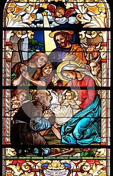 Nativity Scene, Adoration of the Shepherds, stained glass window in the St John the Baptist church in Zagreb, Croatia