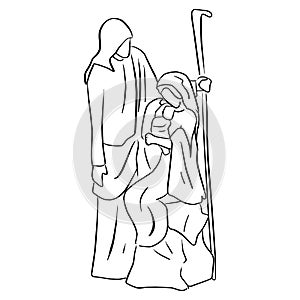 Nativity Scene of baby Jesus in arm of Mary with Joseph vector illustration sketch doodle hand drawn with black lines isolated on