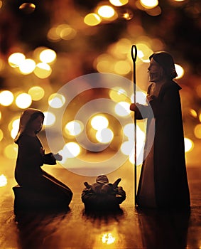 Nativity Scene with Baby Jesus and Christmas Lights True Meaning of Holiday