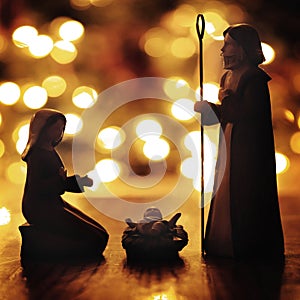Nativity Scene with Baby Jesus and Christmas Lights True Meaning of Holiday