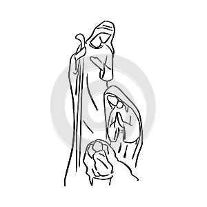 Nativity Scene of baby Jesus in manger with Mary and Joseph vector illustration sketch doodle hand drawn with black lines isolated