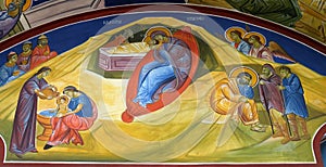 Nativity Scene, Birth of Jesus, fresco in the Church of Saint Paraskeva of the Balkans near Saint Naum Monastery, Ohrid