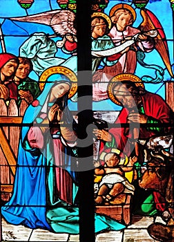 Nativity Scene, Birth of Jesus, stained glass windows in the Saint Eugene - Saint Cecilia Church, Paris