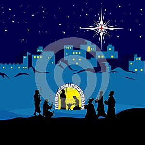 Nativity scene. Christmas. Bethlehem. Mary, Joseph and small Jesus. The shepherds and the wise men came to worship Jesus.