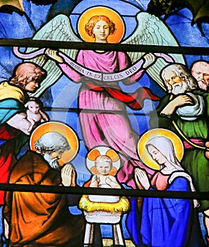 Nativity Scene at Christmas - Stained Glass in Quartier Latin, Paris, France