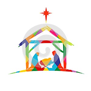 Nativity scene colored facet silhouette Jesus in manger and star