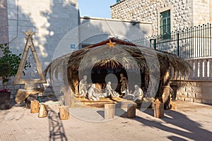 Nativity scene  in the courtyard of the St. Josephs Church on the Sderot HaMeginim Street in the Haifa city in northern Israel