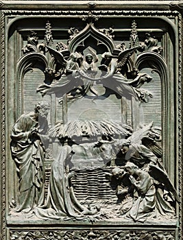 Nativity Scene, detail of the main bronze door of the Milan Cathedral