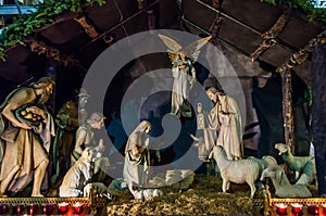 Nativity Scene Displayed in a Catholic Church During Christmas Season. Representation of Birth of Baby Jesus