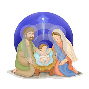 Nativity scene with holy family jesus mary and Joseph with the star in background