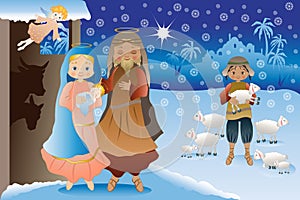 Nativity scene with the holy family in the snow