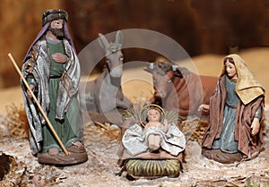 Nativity scene with Jesus, Joseph and Mary in a manger on Christ