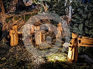Nativity scene made with hand-carved wooden figurines