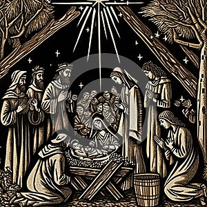 a nativity scene old style woodcut print