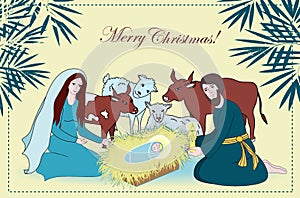 Nativity scene with saint family and animals. Cartoon vector