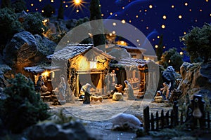 Nativity Scene, A Simple Manger Scene Depicting the Birth of Jesus Christ, A beautiful Christmas nativity scene in a glistening