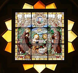 Nativity scene, stained glass, Church of St. Catherine, Bethlehem