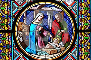 Nativity Scene. Stained glass window