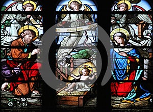 Nativity Scene, stained glass window in Saint Eustache church, Paris