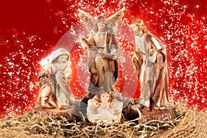 Nativity scene. Traditional Christmas scene with red background