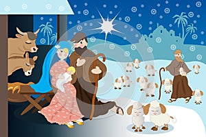 Jesus` Christmas with holy family and shepherd