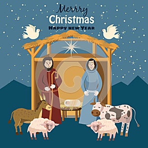 Nativity scene. Vector set of cute people, animals. Holiday background with Maria and Joseph Baby Jesus is born, vector