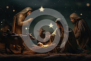 Nativity scene vertep, religious concept, Star of Bethlehem. Birth of the Son of God, Jesus Christ, the Virgin Mary