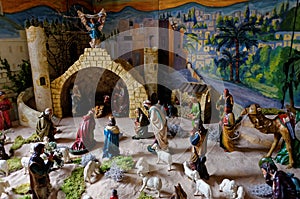 Nativity scene vintage with painting on wall background