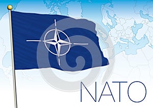 NATO, North Atlantic Treaty Organization flag and atlantic map