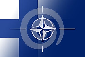 NATO-OTAN. Finland. NATO flag. Finland flag. Flag with the NATO logo. Concept of annexation of Finland with NATO-OTAN. Foreground.