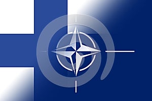 NATO-OTAN. Finland. NATO flag. Finland flag. Flag with the NATO logo. Concept of annexation of Finland with NATO-OTAN. Foreground.