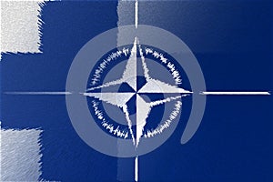 NATO-OTAN. Finland. NATO flag. Finland flag. Flag with the NATO logo. Concept of annexation of Finland with NATO-OTAN. Foreground.