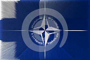 NATO-OTAN. Finland. NATO flag. Finland flag. Flag with the NATO logo. Concept of annexation of Finland with NATO-OTAN. Foreground.