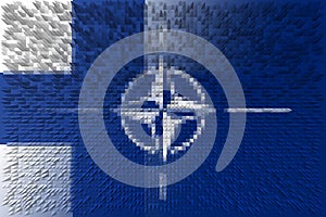 NATO-OTAN. Finland. NATO flag. Finland flag. Flag with the NATO logo. Concept of annexation of Finland with NATO-OTAN. Foreground.