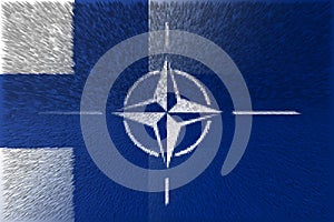 NATO-OTAN. Finland. NATO flag. Finland flag. Flag with the NATO logo. Concept of annexation of Finland with NATO-OTAN. Foreground.