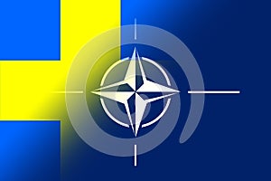 NATO-OTAN. Sweden. NATO flag. Swedish flag. Flag with the NATO logo. Concept of annexation of Sweden with NATO-OTAN. Foreground